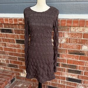 Free People Paulie Mini Dress L Brown Hot Fudge Textured Open Back Long Sleeve